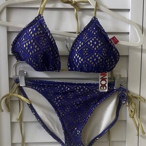 BONGO Bikini Set - Royal Blue Crochet with Gold Ties